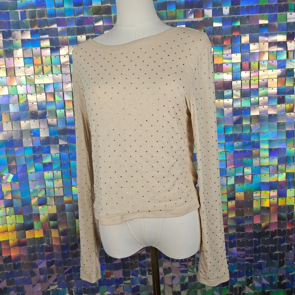 Almost Famous Rhinestone Mesh Top Womens XL Beige Excellent Long‎ Sleeve Sparkle